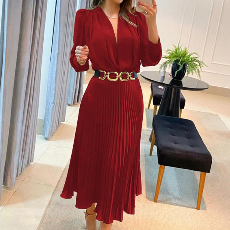 Lady Elegant V Neck Long Sleeved Party Dress Spring Autumn High Waist Pleated Commuting Dress Fashion Solid Slim A-line Dresses