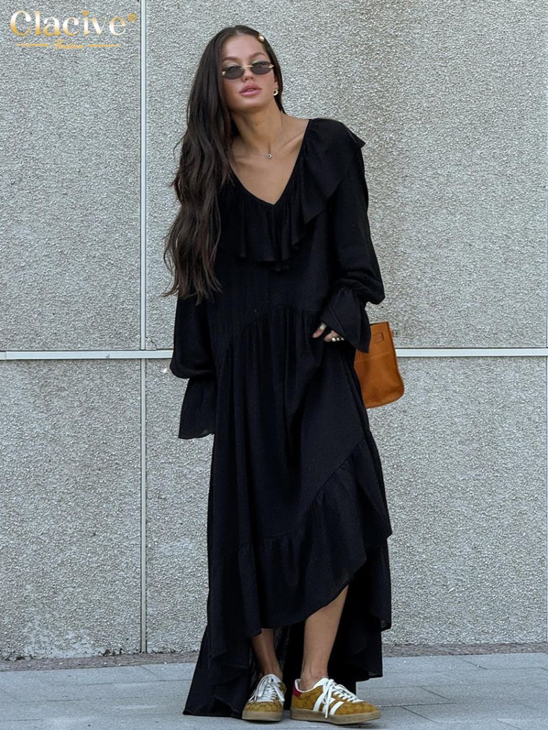 Clacive Fashion Loose Black Women Dress 2024 Casual V-Neck Long Sleeve Ankle Length Dresses Elegant Classic Ruffle Female Dress