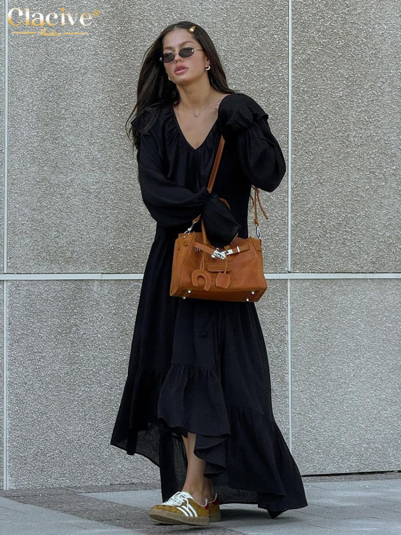 Clacive Fashion Loose Black Women Dress 2024 Casual V-Neck Long Sleeve Ankle Length Dresses Elegant Classic Ruffle Female Dress