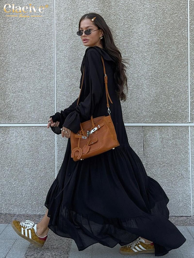 Clacive Fashion Loose Black Women Dress 2024 Casual V-Neck Long Sleeve Ankle Length Dresses Elegant Classic Ruffle Female Dress