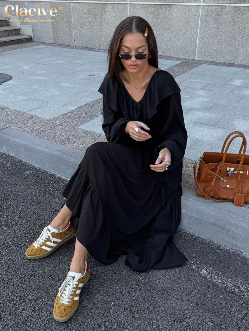 Clacive Fashion Loose Black Women Dress 2024 Casual V-Neck Long Sleeve Ankle Length Dresses Elegant Classic Ruffle Female Dress