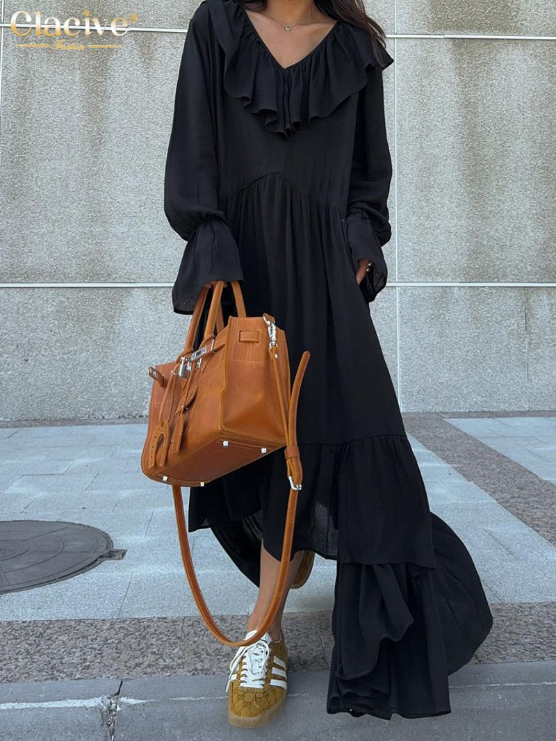 Clacive Fashion Loose Black Women Dress 2024 Casual V-Neck Long Sleeve Ankle Length Dresses Elegant Classic Ruffle Female Dress