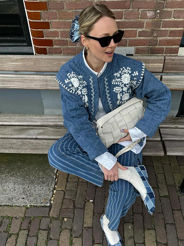 Autumn﻿ Women Blue Printed Flower Patchwork Coat Female O-neck Long Sleeves Open Stitch Pockets Jackets All Match Streetwear