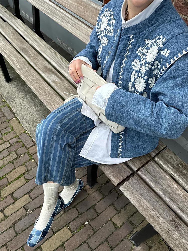 Autumn﻿ Women Blue Printed Flower Patchwork Coat Female O-neck Long Sleeves Open Stitch Pockets Jackets All Match Streetwear