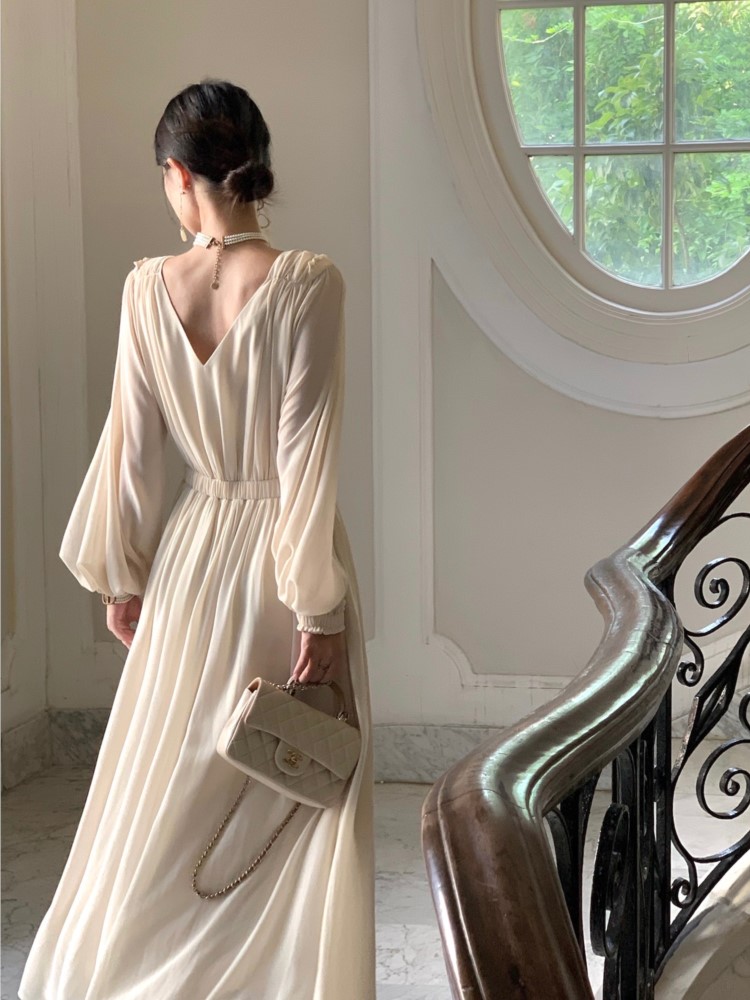 Autumn Vintage Chiffon Midi Dresses for Women Lantern Sleeve V-neck A-line Evening Party Dress Wedding Prom Robe Vestidos New