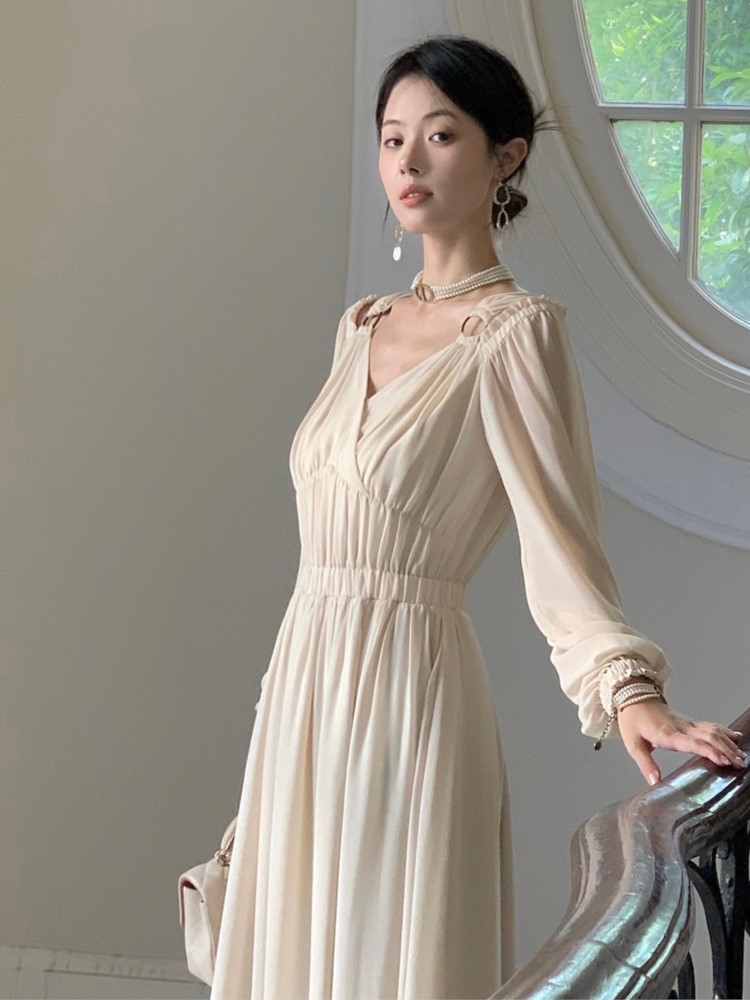 Autumn Vintage Chiffon Midi Dresses for Women Lantern Sleeve V-neck A-line Evening Party Dress Wedding Prom Robe Vestidos New