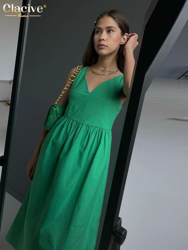 Clacive Summer V-Neck Green Women'S Dress 2022 Casual Loose Sleeveless Office Midi Dresses Elegant Classic Ruched Female Dress