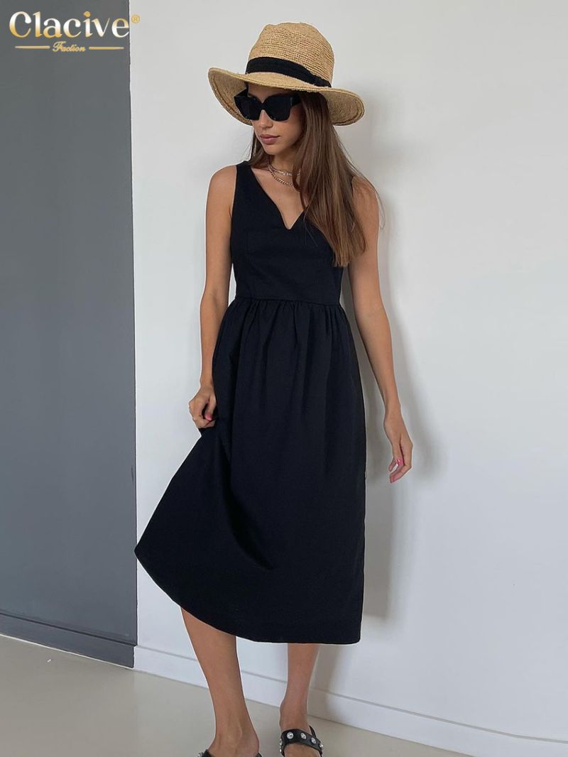 Clacive Summer V-Neck Green Women'S Dress 2022 Casual Loose Sleeveless Office Midi Dresses Elegant Classic Ruched Female Dress