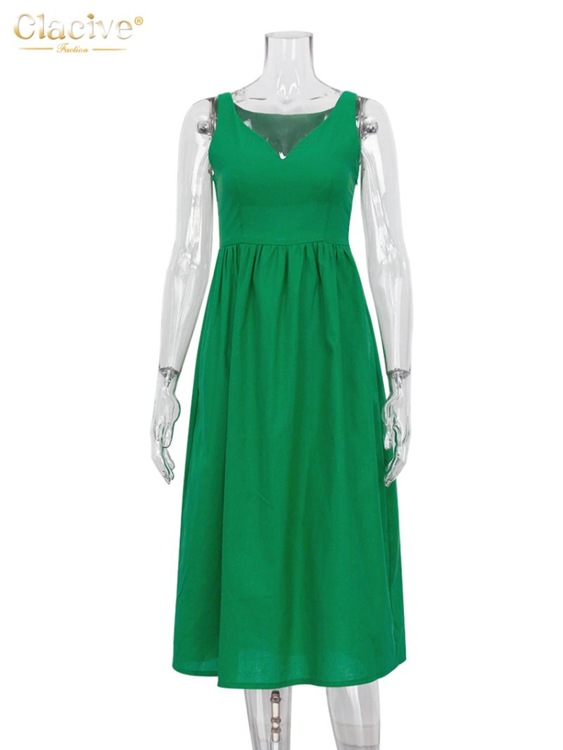 Clacive Summer V-Neck Green Women'S Dress 2022 Casual Loose Sleeveless Office Midi Dresses Elegant Classic Ruched Female Dress