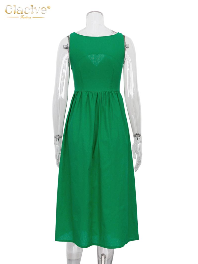 Clacive Summer V-Neck Green Women'S Dress 2022 Casual Loose Sleeveless Office Midi Dresses Elegant Classic Ruched Female Dress