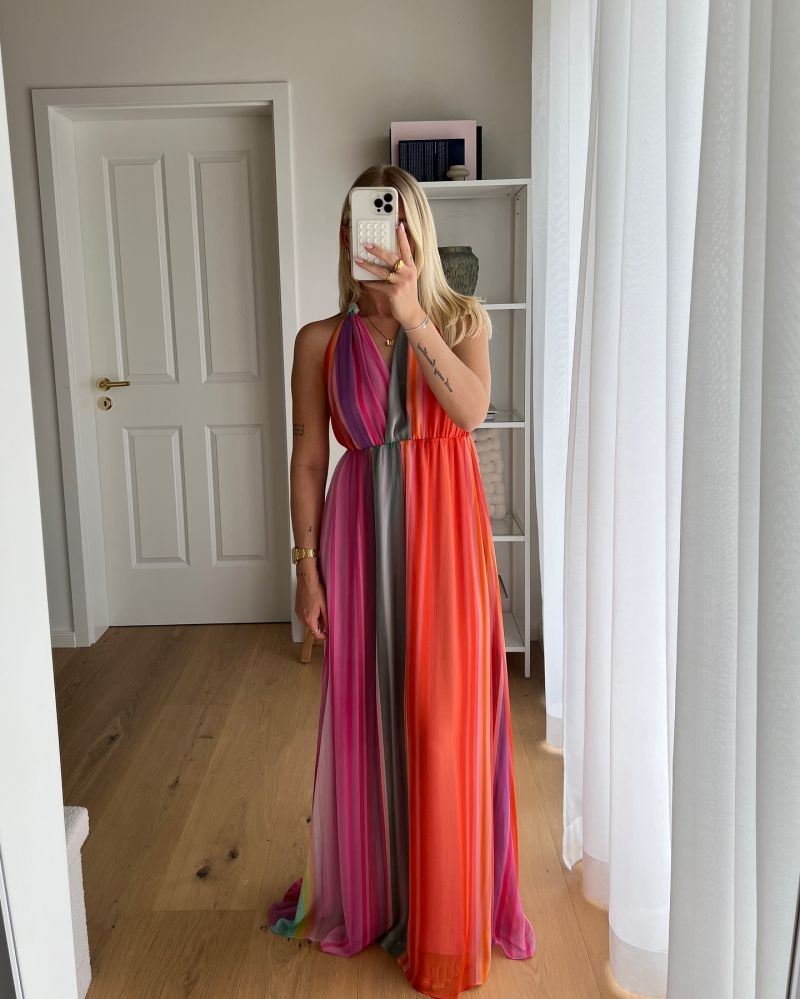 Sexy V Neck Rainbow Stripes Halter Dress Women Fashion High Waist Backless Colorful Dresses Summer Chic Female Streetwear