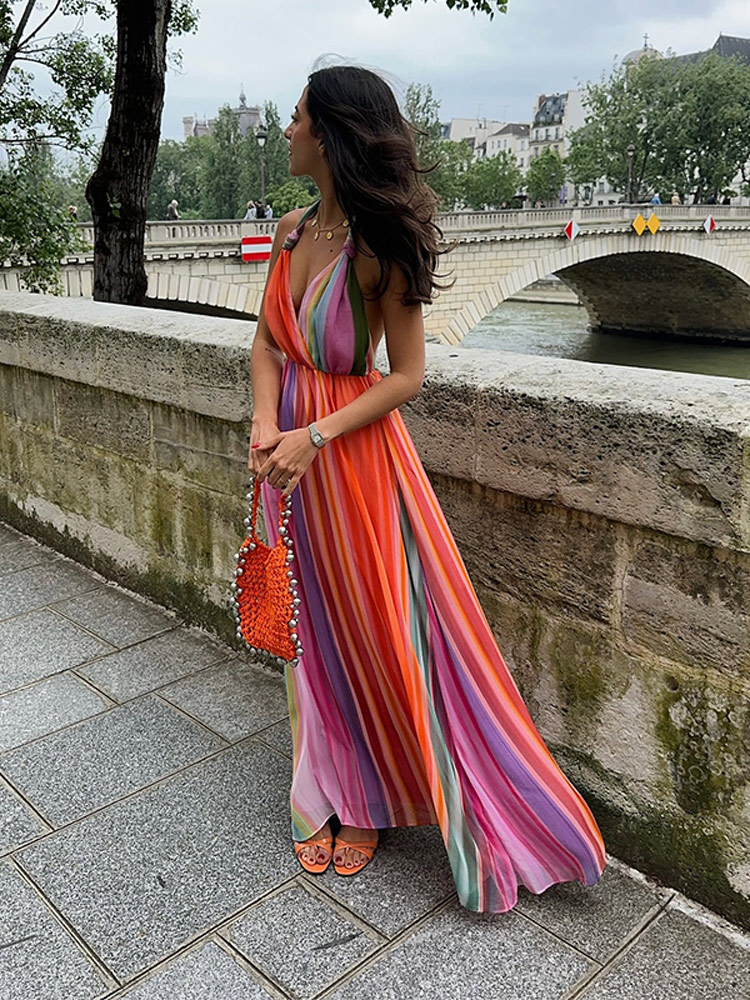 Sexy V Neck Rainbow Stripes Halter Dress Women Fashion High Waist Backless Colorful Dresses Summer Chic Female Streetwear