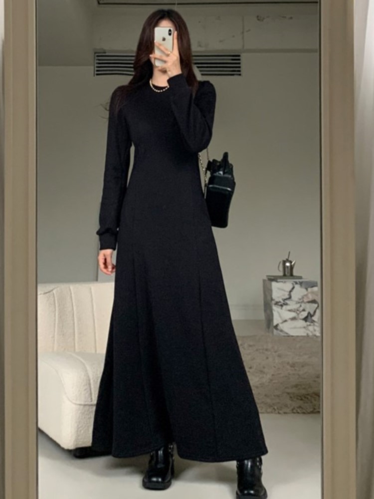 Autumn Winter Solid Sweatshirt Dress Long Dresses for Women Long Sleeve O-neck A-line Korean Fashion Casual Chic Robe New 2024