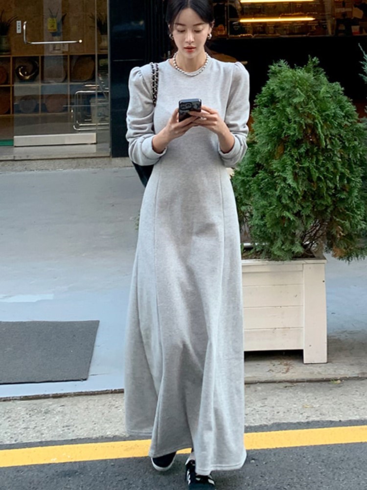 Autumn Winter Solid Sweatshirt Dress Long Dresses for Women Long Sleeve O-neck A-line Korean Fashion Casual Chic Robe New 2024