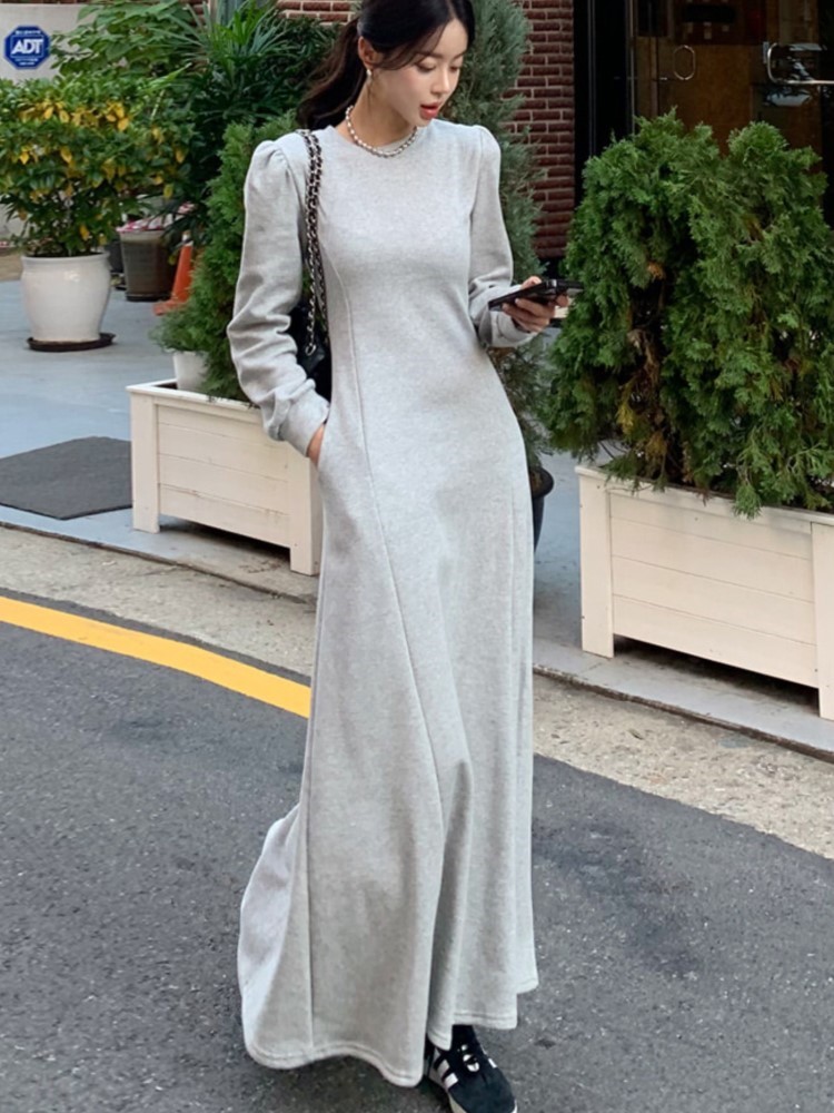 Autumn Winter Solid Sweatshirt Dress Long Dresses for Women Long Sleeve O-neck A-line Korean Fashion Casual Chic Robe New 2024