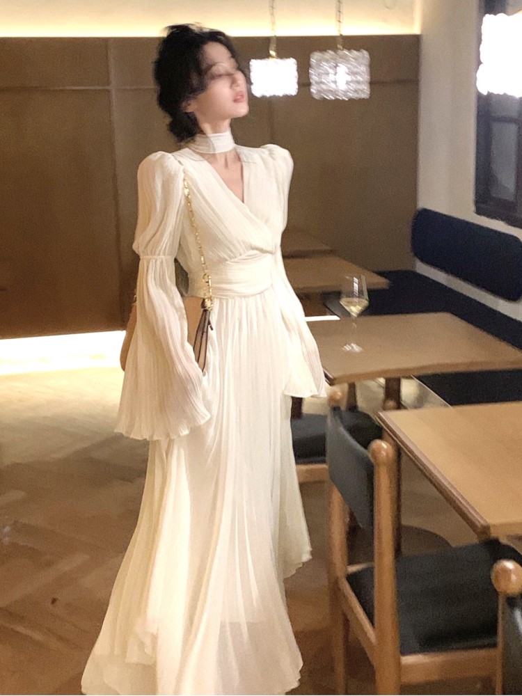 Elegant Wedding Evening Party Dresses for Women Autumn V-neck Flare Sleeve Pleated Long Dress Korean Fashion One Piece Vestidos