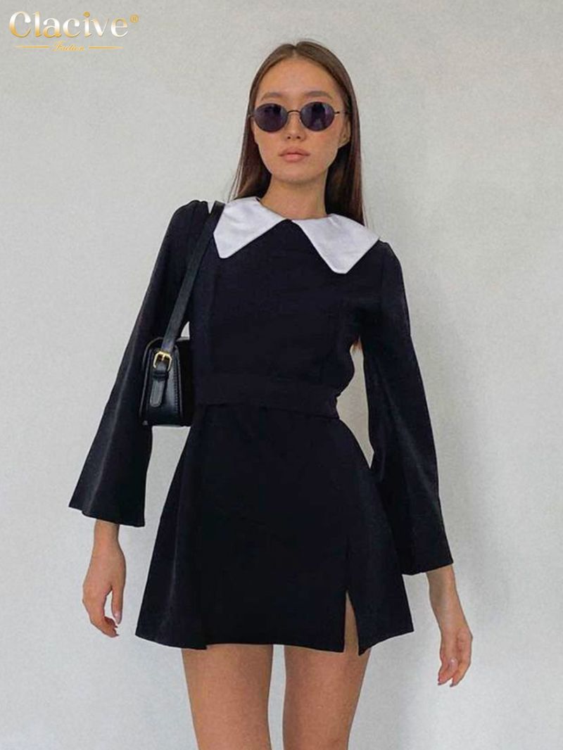 Clacive Bodycon Black Patchwork Dresses For Women 2022 Fashion Doll Collar Long Sleeve Mini Dress Casual Lace-Up Female Dress