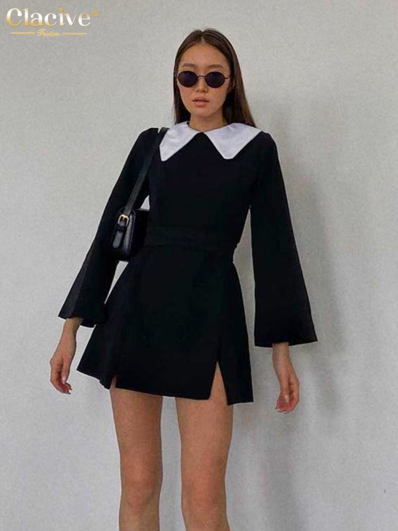 Clacive Bodycon Black Patchwork Dresses For Women 2022 Fashion Doll Collar Long Sleeve Mini Dress Casual Lace-Up Female Dress