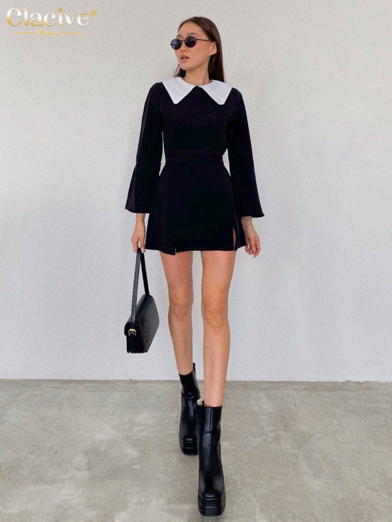 Clacive Bodycon Black Patchwork Dresses For Women 2022 Fashion Doll Collar Long Sleeve Mini Dress Casual Lace-Up Female Dress