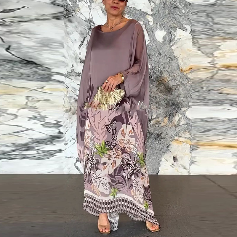 2024 Autumn New Floral Print Loose Long Dress Casual Batwing Sleeves O Neck Women's Dress Elegant Commuting Patchwork Robe Dress