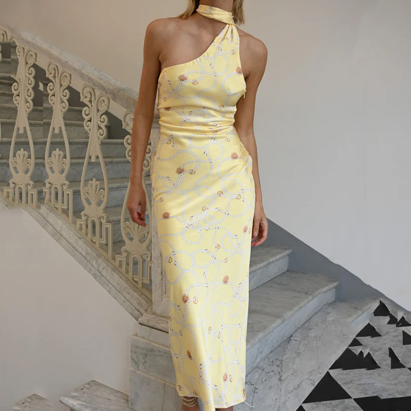 Yellow Printed Slim Women Evening Dress Elegant Halter Hollow Out Sleeveless Long Dress Fashion Backless High Waist A-line Dress