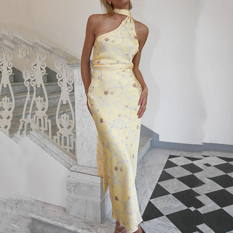 Yellow Printed Slim Women Evening Dress Elegant Halter Hollow Out Sleeveless Long Dress Fashion Backless High Waist A-line Dress