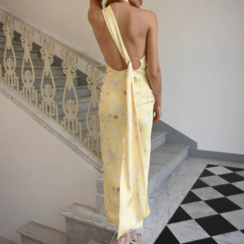 Yellow Printed Slim Women Evening Dress Elegant Halter Hollow Out Sleeveless Long Dress Fashion Backless High Waist A-line Dress