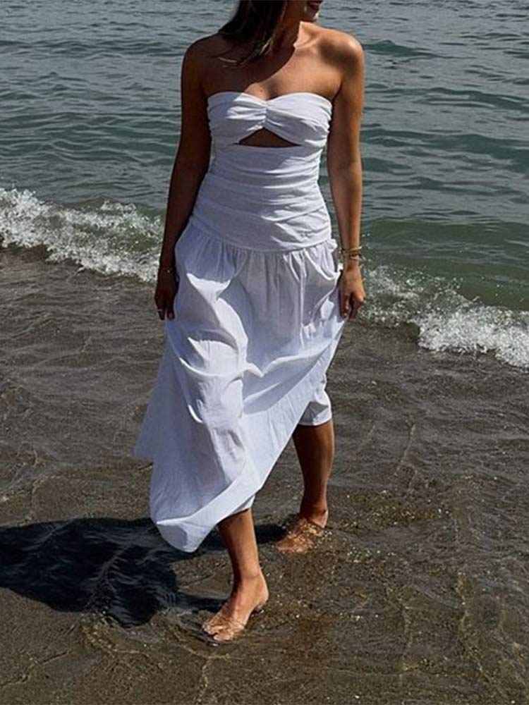 Women Sexy Hollow Pleated Patchwork Backless Maxi Dress Off Shoulder Solid Fashion Slim Dresses 2024 Summer New Beach Robes