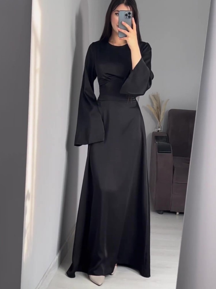 Autumn Flare Sleeve Long Dresses for Women O-neck High Waist Solid Slim Lace-up Wedding Evening Party Dress Prom Robe New 2024