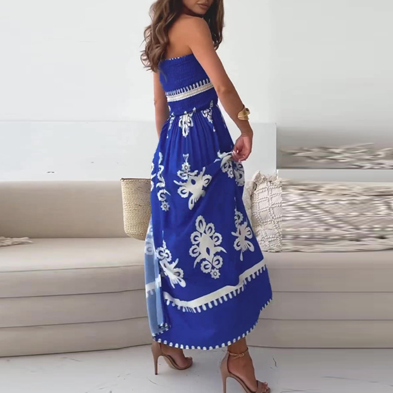 Elegant Pattern Printed High Waist Split Dress Lady Sexy Strapless Pleated Party Dress New Fashion Off Shoulder Slim Long Dress