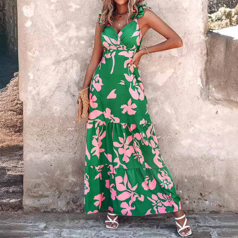 Casual Ruffle Floral Print Women's Dress Summer Sexy V-neck High Waist Bohemian Dress Elegant Sleeveless Pleated Beach Dresses