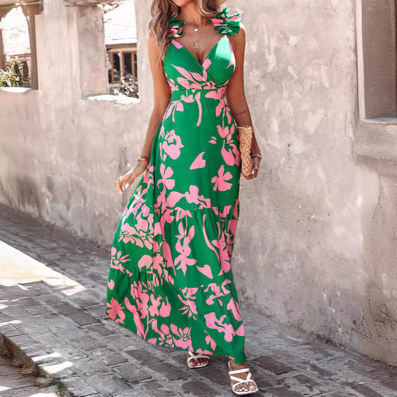 Casual Ruffle Floral Print Women's Dress Summer Sexy V-neck High Waist Bohemian Dress Elegant Sleeveless Pleated Beach Dresses