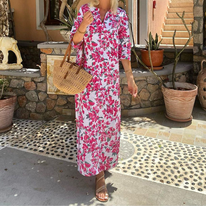 Elegant Floral Print Straight Robe Dress Fashion Vacation V Neck Women's Party Dress New 2024 Loose Long Sleeved Split Dresses