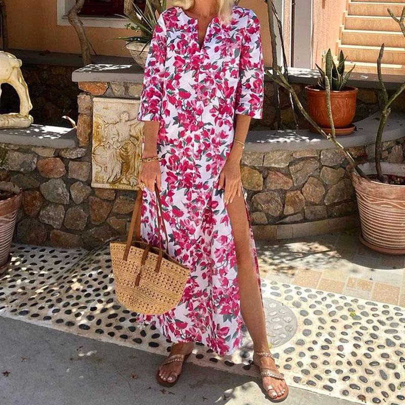 Elegant Floral Print Straight Robe Dress Fashion Vacation V Neck Women's Party Dress New 2024 Loose Long Sleeved Split Dresses