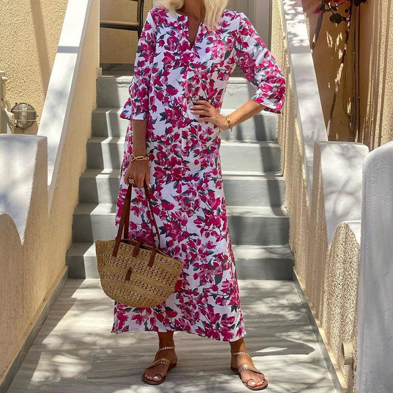 Elegant Floral Print Straight Robe Dress Fashion Vacation V Neck Women's Party Dress New 2024 Loose Long Sleeved Split Dresses