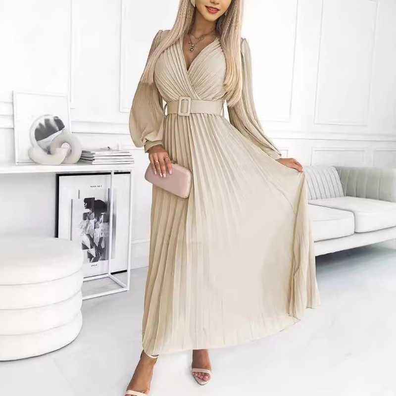 New Autumn Temperament Slim Party Dress Women Elegant V Neck Long Sleeved Office Dress Fashion Pleated Waist Chiffon Maxi Dress