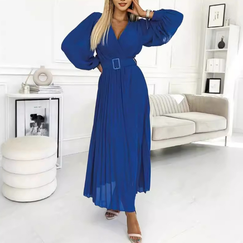 New Autumn Temperament Slim Party Dress Women Elegant V Neck Long Sleeved Office Dress Fashion Pleated Waist Chiffon Maxi Dress