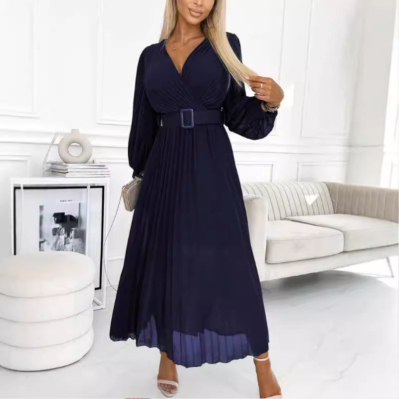 New Autumn Temperament Slim Party Dress Women Elegant V Neck Long Sleeved Office Dress Fashion Pleated Waist Chiffon Maxi Dress