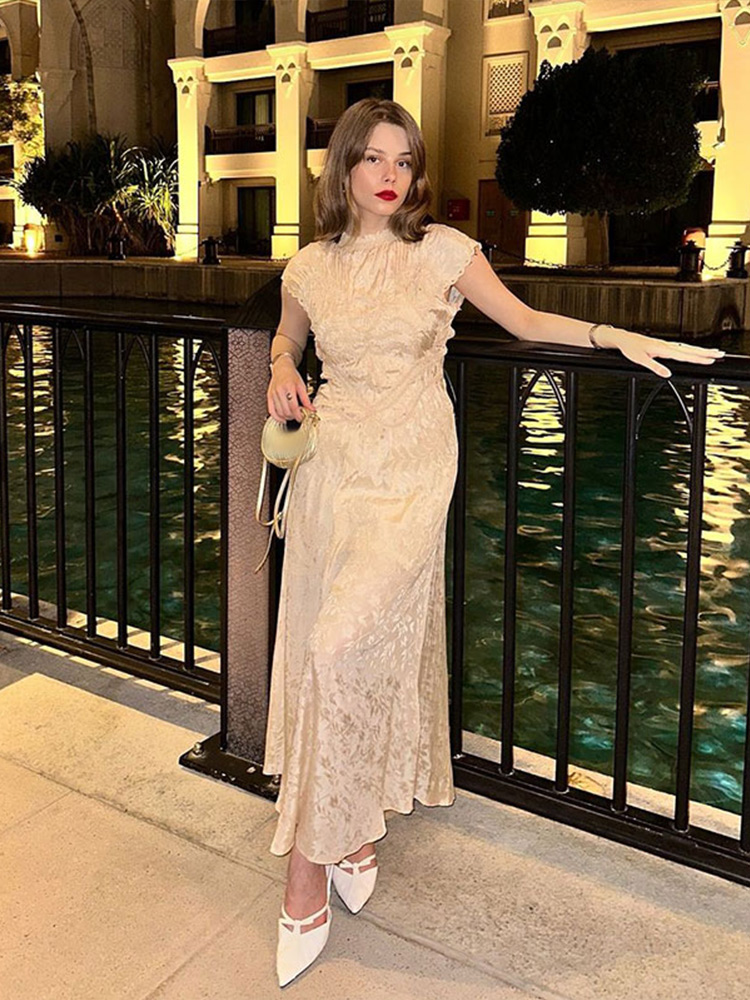 New 3d Solid Jacquard Satin Long Dress Women Half High Neck Short Sleeved Party Maxi Dress 2024 New Lady Evening Prom Gown