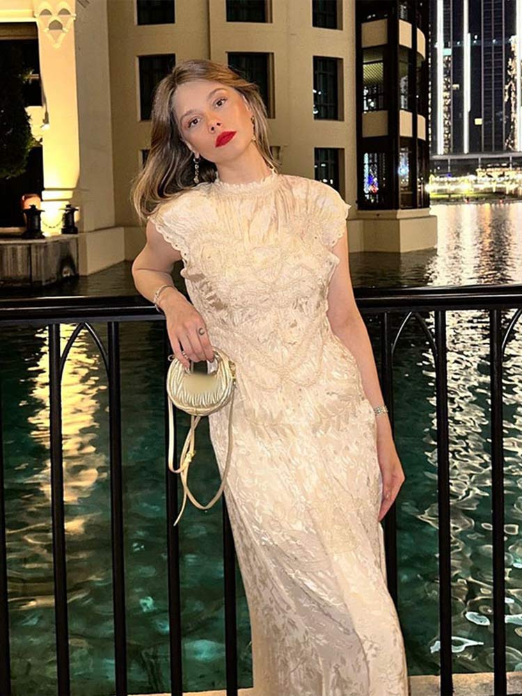 New 3d Solid Jacquard Satin Long Dress Women Half High Neck Short Sleeved Party Maxi Dress 2024 New Lady Evening Prom Gown