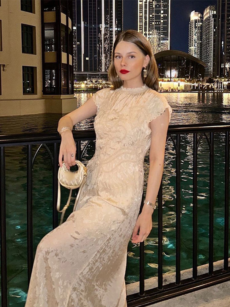 New 3d Solid Jacquard Satin Long Dress Women Half High Neck Short Sleeved Party Maxi Dress 2024 New Lady Evening Prom Gown