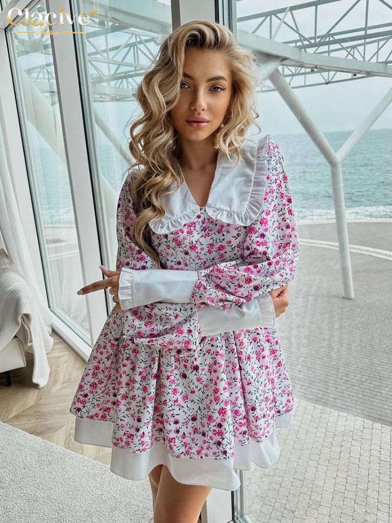 Clacive Fashion Loose Print Women's Dress Fashion Doll Collar Lantern Sleeve Mini Dresses Elegant Classic Patchwork Female Dress