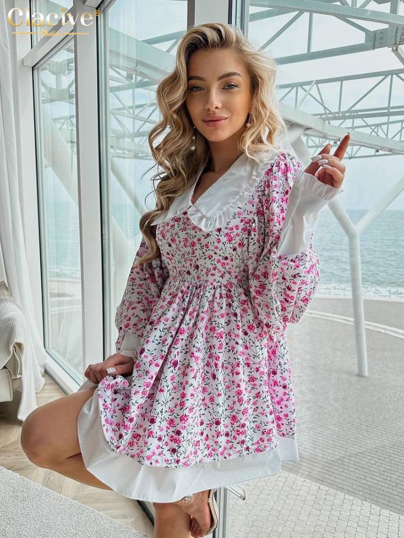 Clacive Fashion Loose Print Women's Dress Fashion Doll Collar Lantern Sleeve Mini Dresses Elegant Classic Patchwork Female Dress