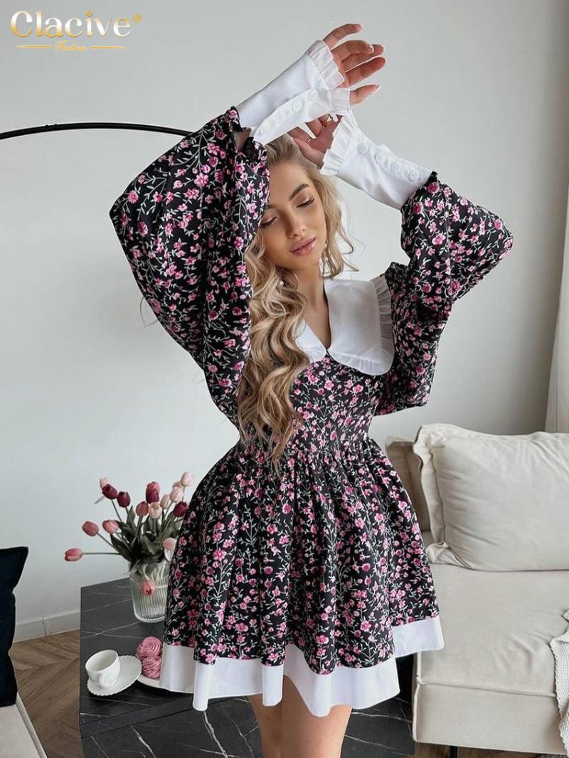 Clacive Fashion Loose Print Women's Dress Fashion Doll Collar Lantern Sleeve Mini Dresses Elegant Classic Patchwork Female Dress