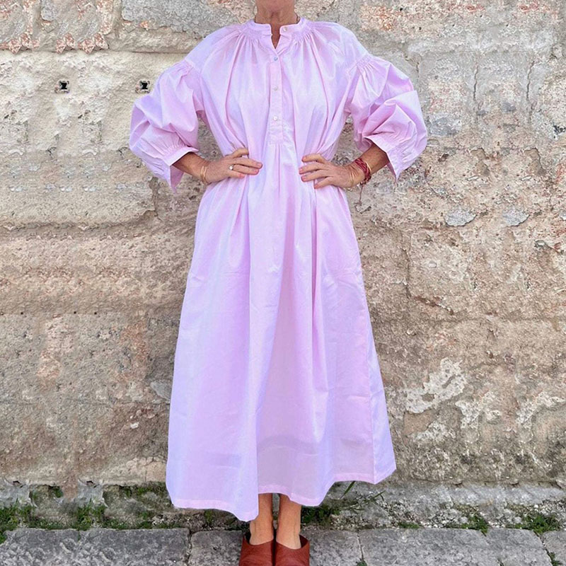 Elegant O-neck Long Sleeved Commuting Dress Simple Solid Color Pleated Loose Pullover Dress Women's Casual High Waist Maxi Dress