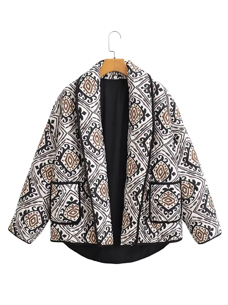 2024 Winter Vintage Printed Scarf Collar Women Quilted Jacket Female Long Sleeve Coat Pocket Loose Elegant Lady Street Outerwear