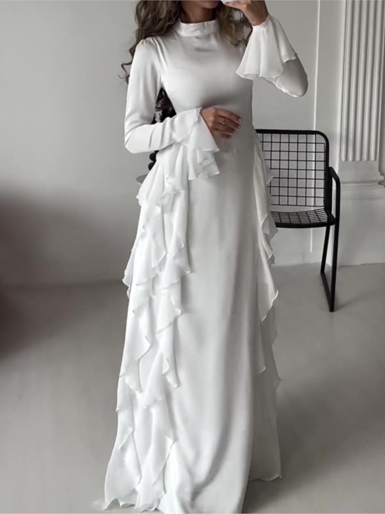 Autumn Bodycon Maxi Dresses for Women Ruffles Flare Sleeves O-neck Wedding Evening Party Dress Slim Prom Robe Vestidios New