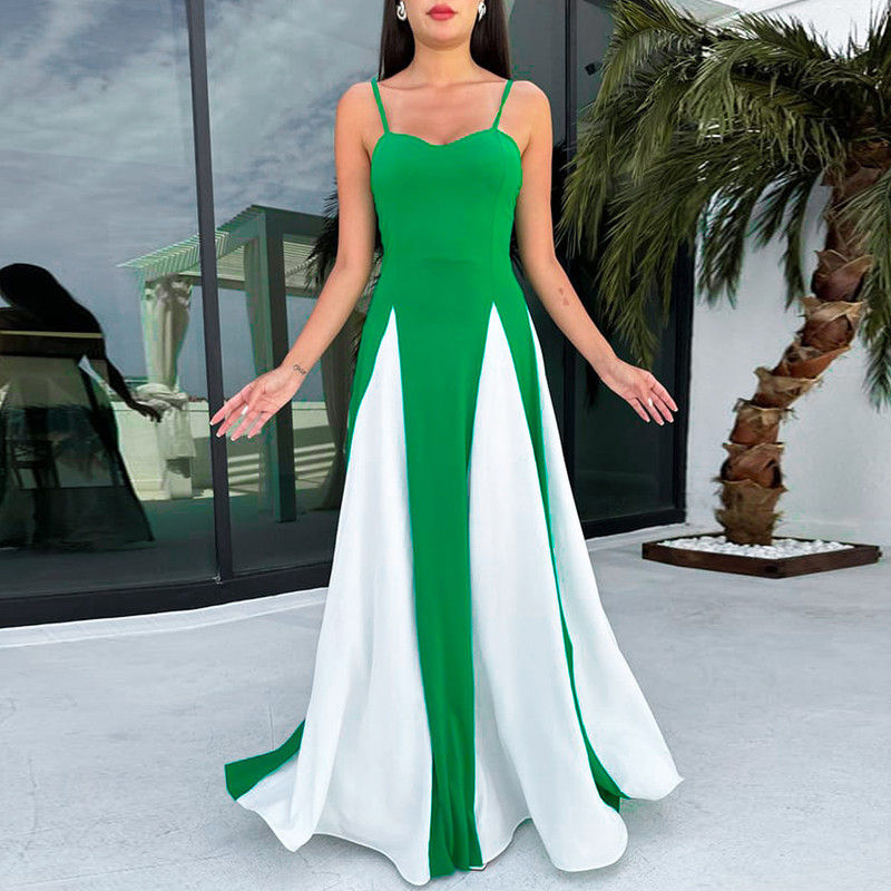 Fashion Contrasting Color Long Dress Summer Hollow Sleeveless Suspender Dress Lady Sexy Off Shoulder High Waist Slim Party Dress