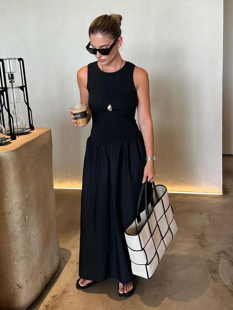 Women Summer Solid Sleeveless Dress Casual Loose O Neck Black Long Dresses 2024 New Chic Female Street Commuting Outfits