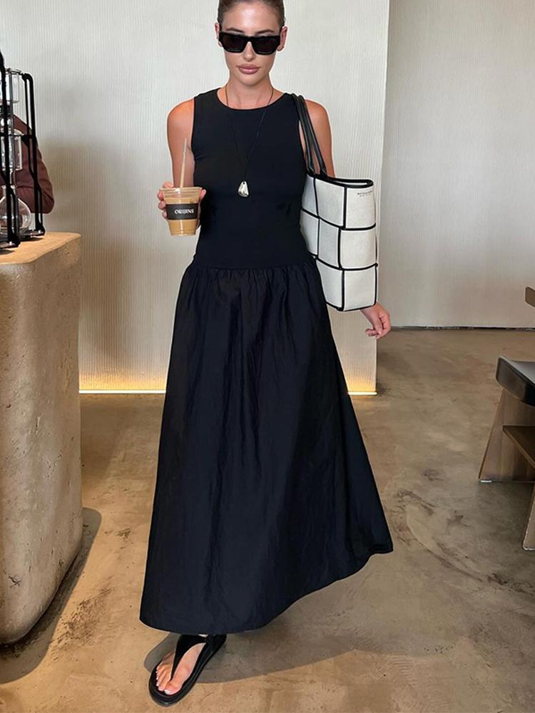 Women Summer Solid Sleeveless Dress Casual Loose O Neck Black Long Dresses 2024 New Chic Female Street Commuting Outfits